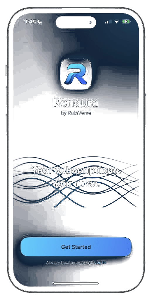 Renoura iPhone mockup showing subscription tracking and spending insights